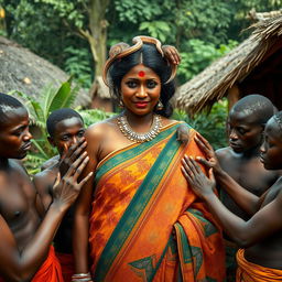 A large-breasted dusky Indian lady, elegantly draped in a colorful saree, stands in an African village