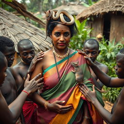 A large-breasted dusky Indian lady, elegantly draped in a colorful saree, stands in an African village