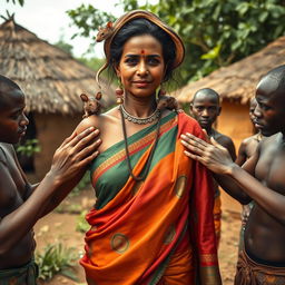 A large-breasted dusky Indian lady, elegantly draped in a colorful saree, stands in an African village