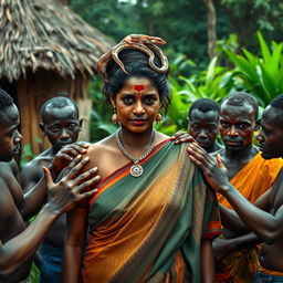 A large-breasted dusky Indian lady, elegantly draped in a colorful saree, stands in an African village