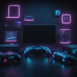 Immersive gaming e-commerce site background showcasing popular video games, gaming consoles, accessories, and digital portals with cybernetic elements and neon accents on a dark futuristic background