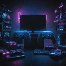 Immersive gaming e-commerce site background showcasing popular video games, gaming consoles, accessories, and digital portals with cybernetic elements and neon accents on a dark futuristic background