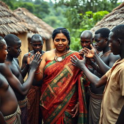 A large-breasted dusky Indian lady, elegantly draped in a colorful saree, stands in an African village