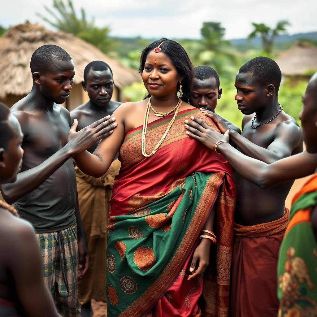 A large-breasted dusky Indian lady, elegantly draped in a colorful saree, stands in an African village