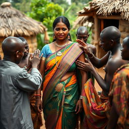 A large-breasted dusky Indian lady, elegantly draped in a colorful saree, stands in an African village