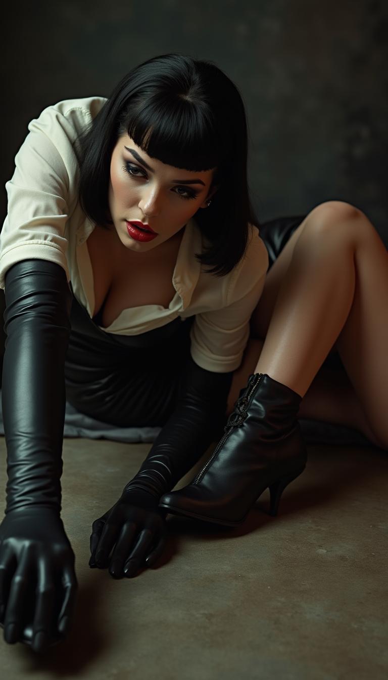 An intense and striking image featuring Bettie Page, dressed in long opera gloves, a tight black leather skirt, a white blouse, and stiletto boots