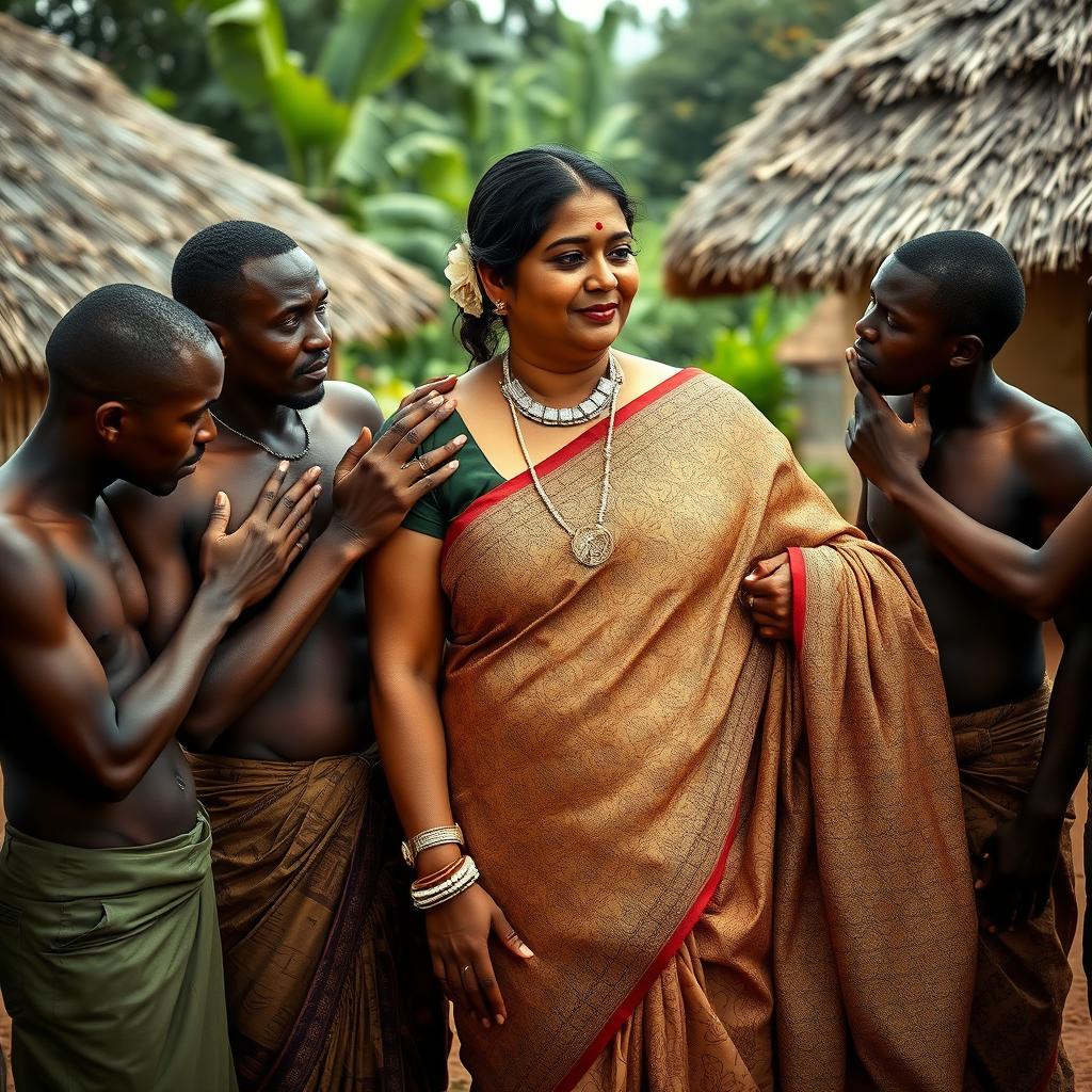 A large-breasted Indian lady, gracefully draped in an intricate saree, stands in an African village