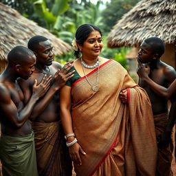 A large-breasted Indian lady, gracefully draped in an intricate saree, stands in an African village