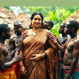 A large-breasted Indian lady, gracefully draped in an intricate saree, stands in an African village