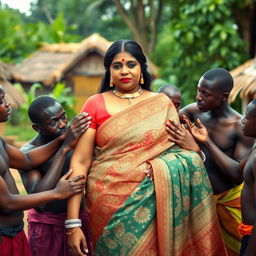 A large-breasted Indian lady, gracefully draped in an intricate saree, stands in an African village