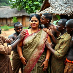 A large-breasted Indian lady, gracefully draped in an intricate saree, stands in an African village