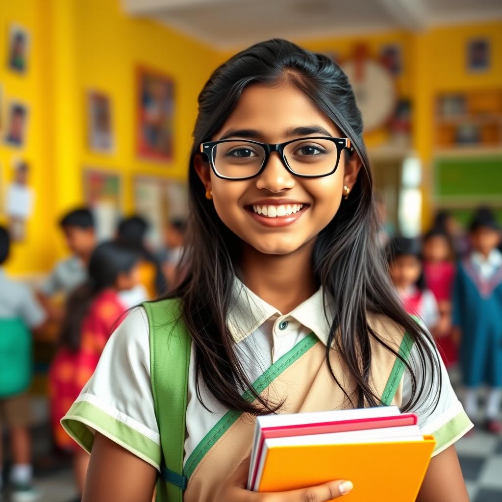 A cheerful 16-year-old Indian school girl wearing glasses, dressed in a traditional school uniform, standing in a vibrant school environment