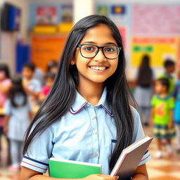 A cheerful 16-year-old Indian school girl wearing glasses, dressed in a traditional school uniform, standing in a vibrant school environment