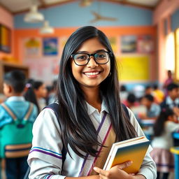 A cheerful 16-year-old Indian school girl wearing glasses, dressed in a traditional school uniform, standing in a vibrant school environment