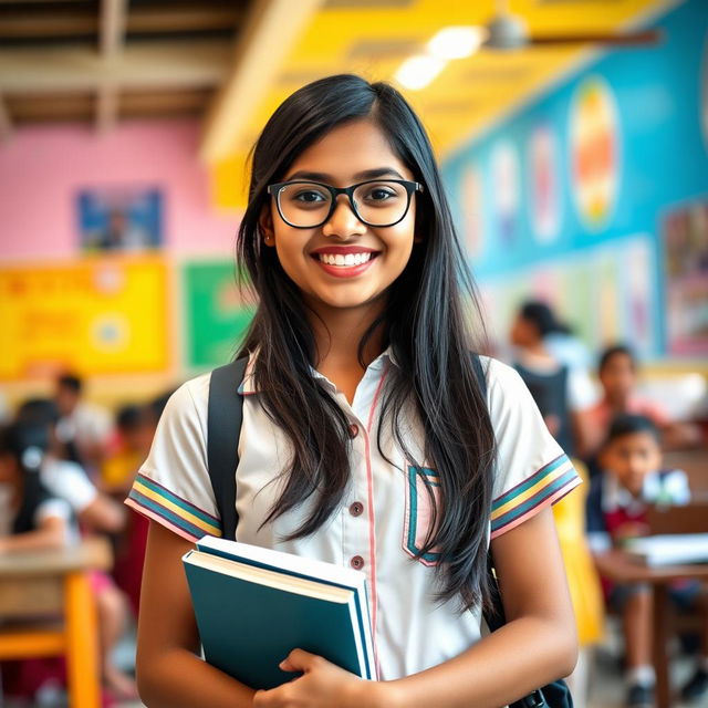 A cheerful 16-year-old Indian school girl wearing glasses, dressed in a traditional school uniform, standing in a vibrant school environment