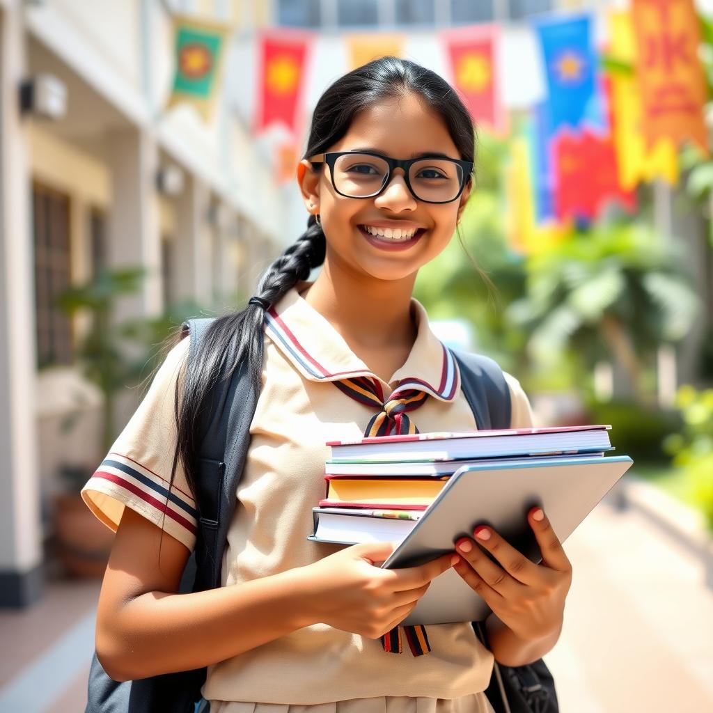 A 16-year-old Indian school girl wearing glasses, dressed in a traditional school uniform with a modern twist, featuring stylish tight black stockings