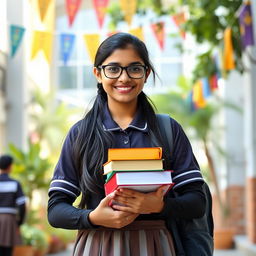 A 16-year-old Indian school girl wearing glasses, dressed in a traditional school uniform with a modern twist, featuring stylish tight black stockings