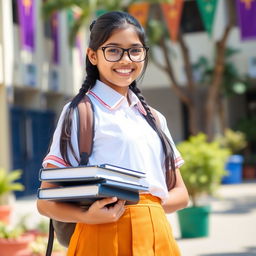 A 16-year-old Indian school girl wearing glasses, dressed in a traditional school uniform with a modern twist, featuring stylish tight black stockings