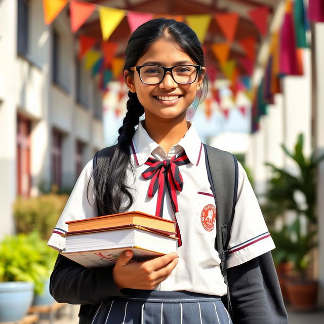 A 16-year-old Indian school girl wearing glasses, dressed in a traditional school uniform with a modern twist, featuring stylish tight black stockings
