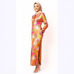 A young woman wearing a colorful kebaya, complemented by stylish high heels