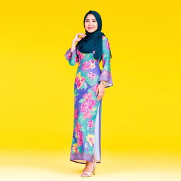 A young woman wearing a colorful kebaya, complemented by stylish high heels