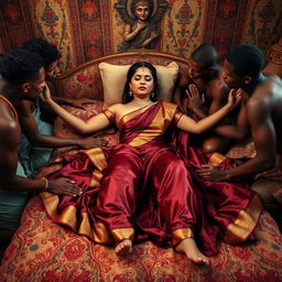 A large-breasted Indian lady, elegantly draped in a rich saree, is lying down on a beautifully decorated bed with her legs apart