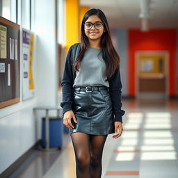 A 16-year-old Indian school girl wearing glasses, styled in a fashionable outfit featuring a leather mini skirt, tight black stockings, and sleek black heels