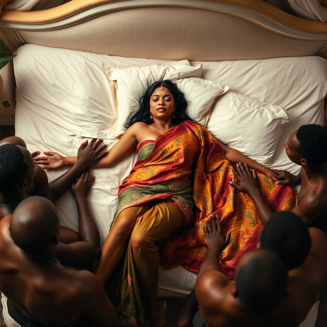 A dusky, large-breasted Indian woman draped in a colorful saree, elegantly laying on a beautifully made bed