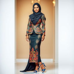 A confident woman wearing a stylish hijab and a fitted kebaya that accentuates her figure, paired with chic high heels