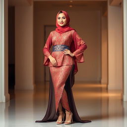 A confident woman wearing a stylish hijab and a fitted kebaya that accentuates her figure, paired with chic high heels