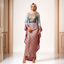 A confident woman wearing a stylish hijab and a fitted kebaya that accentuates her figure, paired with chic high heels