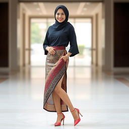 A stylish woman wearing a hijab, showcasing a chic outfit that features a beautiful batik sarong and elegant high heels