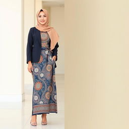 A stylish woman wearing a hijab, showcasing a chic outfit that features a beautiful batik sarong and elegant high heels