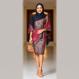 A stylish woman wearing a hijab, showcasing a chic outfit that features a beautiful batik sarong and elegant high heels