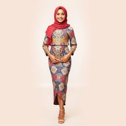 A stylish woman wearing a hijab, showcasing a chic outfit that features a beautiful batik sarong and elegant high heels