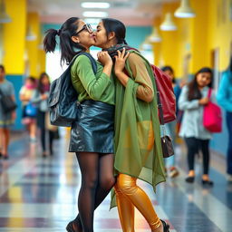 A vibrant scene featuring a 16-year-old Indian school girl wearing glasses, styled in a trendy leather mini skirt, tight black stockings, and chic black heels