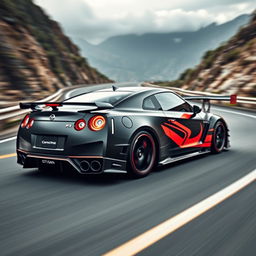 An exhilarating and visually striking fusion of a Nissan GT-R R35 and a Porsche GT3, creating a powerful and aggressive supercar design