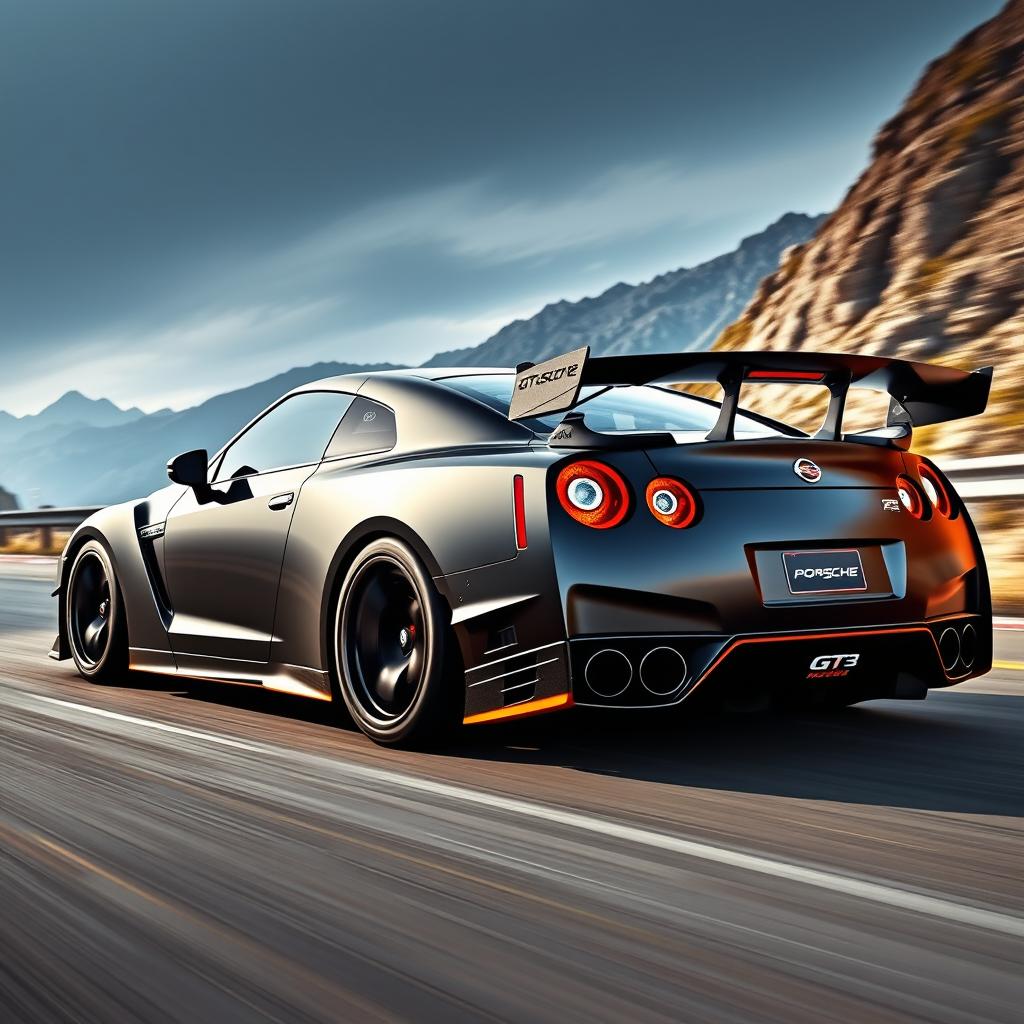 An exhilarating and visually striking fusion of a Nissan GT-R R35 and a Porsche GT3, creating a powerful and aggressive supercar design