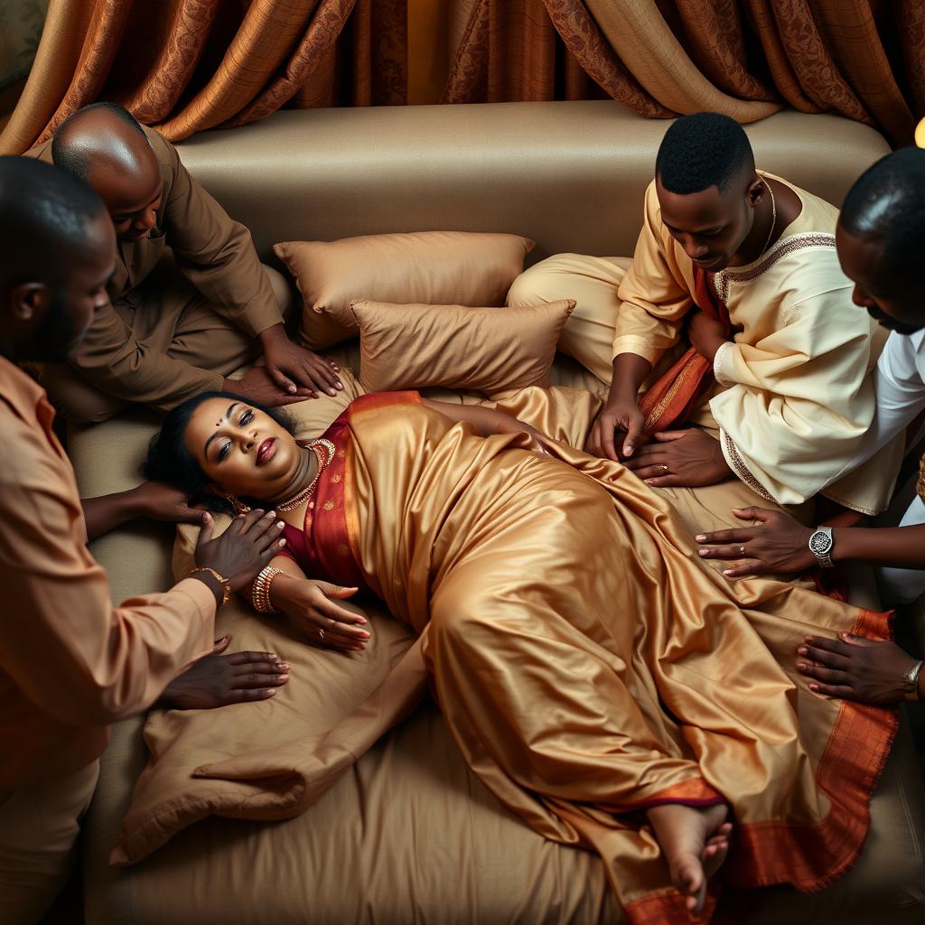 A dusky large-breasted mature Indian lady in an elegant saree, gracefully laying down on a plush bed with her legs apart