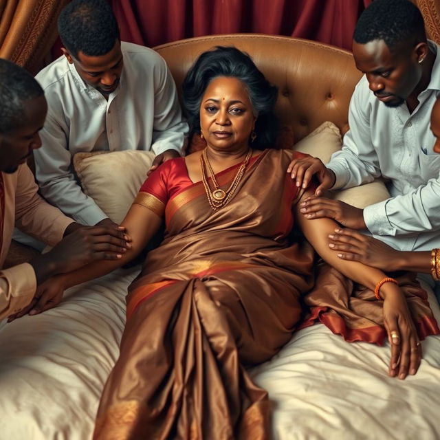 A dusky large-breasted mature Indian lady in an elegant saree, gracefully laying down on a plush bed with her legs apart