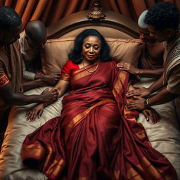 A dusky large-breasted mature Indian lady in an elegant saree, gracefully laying down on a plush bed with her legs apart