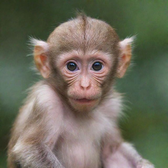 A cute baby macaque monkey sitting playfully with its gleaming eyes full of curiosity and innocence.