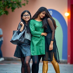 An engaging scene featuring a 16-year-old Indian school girl wearing glasses, dressed in a stylish leather mini skirt, tight black stockings, and sleek black heels