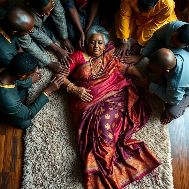 A large-breasted mature Indian lady dressed in an elegant saree, gracefully laying down on a lush, soft rug on the floor