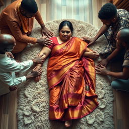 A large-breasted mature Indian lady dressed in an elegant saree, gracefully laying down on a lush, soft rug on the floor