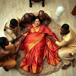 A large-breasted mature Indian lady dressed in an elegant saree, gracefully laying down on a lush, soft rug on the floor