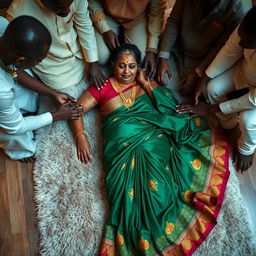 A large-breasted mature Indian lady dressed in an elegant saree, gracefully laying down on a lush, soft rug on the floor