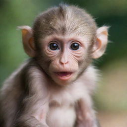 A cute baby macaque monkey sitting playfully with its gleaming eyes full of curiosity and innocence.