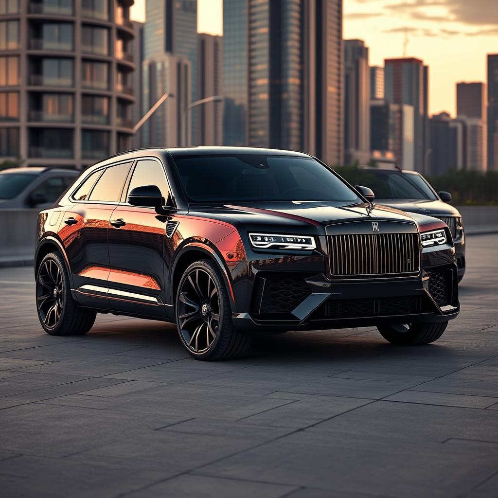 An opulent and powerful hybrid vehicle that combines the rugged luxury of a Range Rover, the sporty elegance of a Lamborghini Urus, and the timeless sophistication of a Rolls Royce