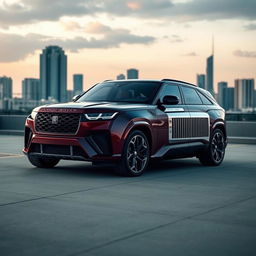 An opulent and powerful hybrid vehicle that combines the rugged luxury of a Range Rover, the sporty elegance of a Lamborghini Urus, and the timeless sophistication of a Rolls Royce